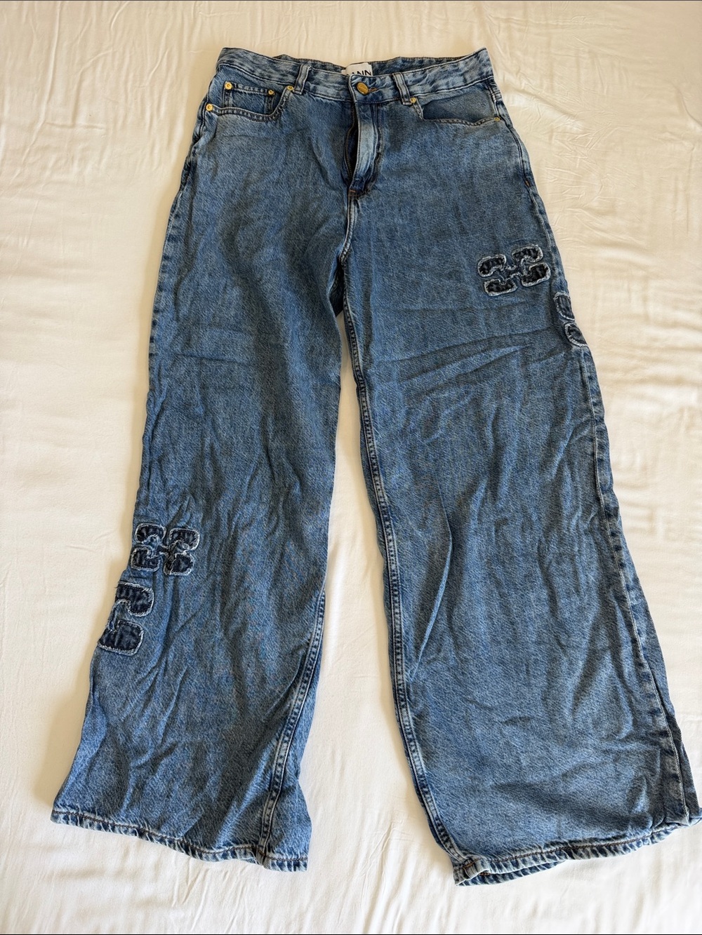 GANNI Blue Wide-Leg Embroidered Women's Jeans